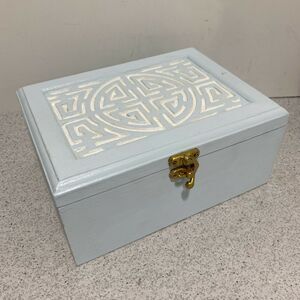 Vintage jewelry trinket keepsake box modified wood painted blue & white crafted